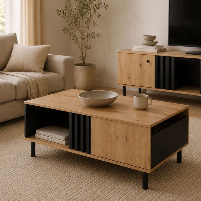 Tavolino da Salotto Marrone Rovere Nodi Nero un Cassetto con Piedini 100x60x4h cm, un Vano - Kasese