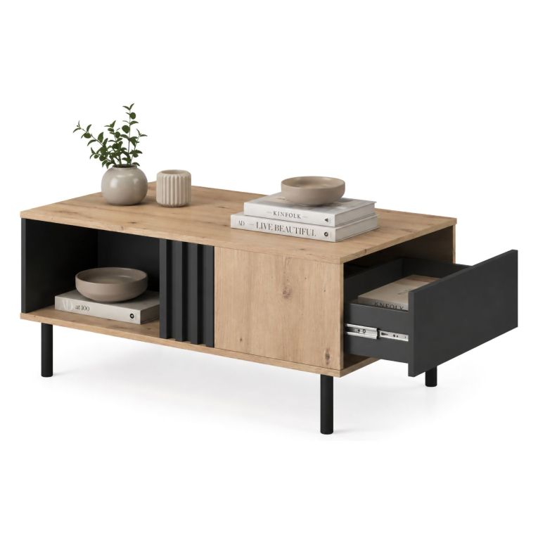 Tavolino da Salotto Marrone Rovere Nodi Nero un Cassetto con Piedini 100x60x4h cm, un Vano - Kasese