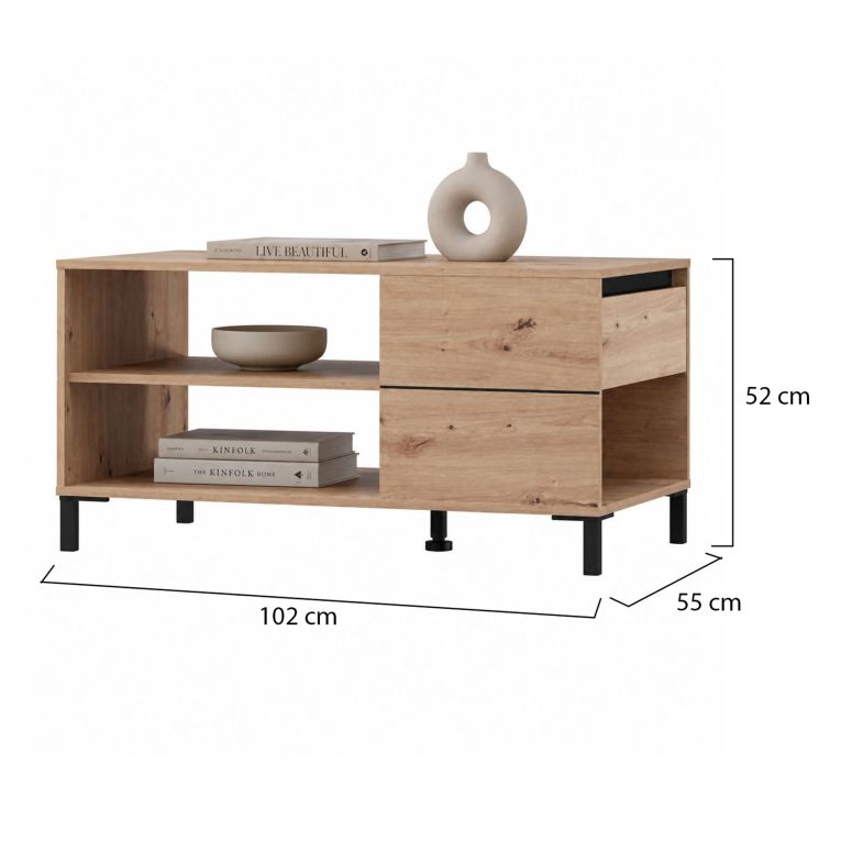 Tavolino da Salotto Marrone Rovere Nodi Nero un Cassetto con Piedini 102x55x52h cm, 3 Vani - Salentina
