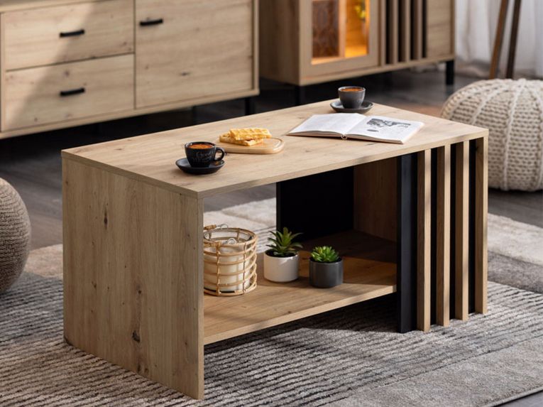 Tavolino da Salotto Marrone Rovere Nodi Nero un Vano Forma Rettangolare 90x49.5x45.5h cm, Colore Ripiano Marrone - Tricerro
