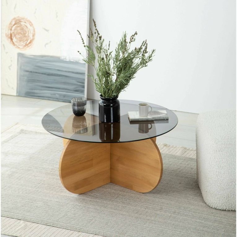 Tavolino da Salotto Marrone Rovere Portariviste Forma Rotonda 75x75x35h cm, Materiale Struttura in Vetro - Bagolino