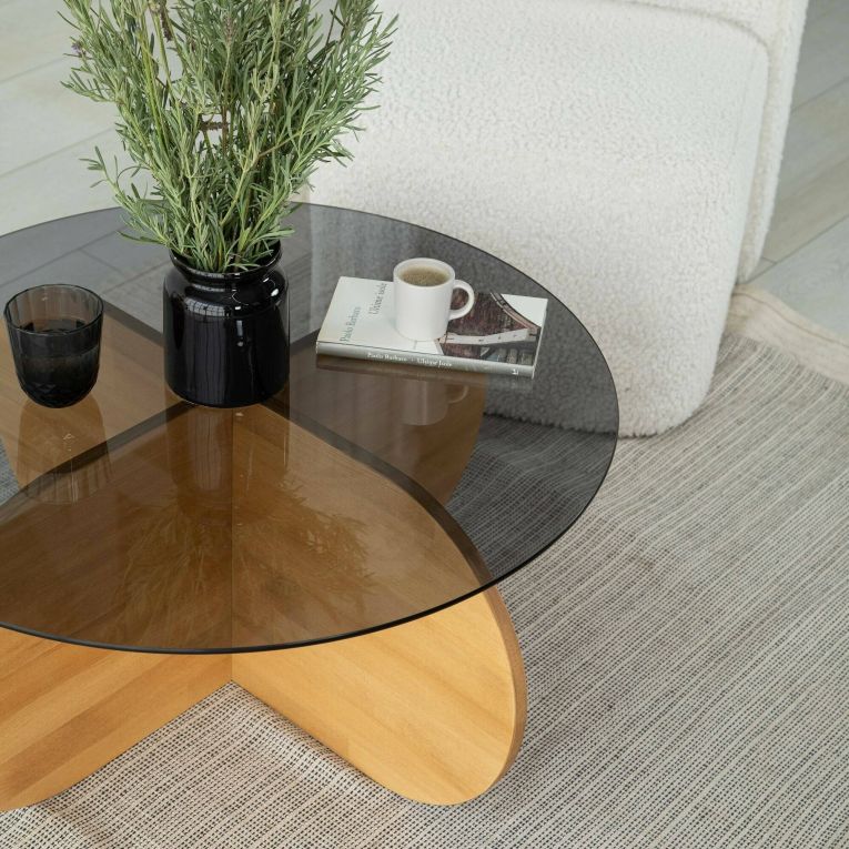 Tavolino da Salotto Marrone Rovere Portariviste Forma Rotonda 75x75x35h cm, Materiale Struttura in Vetro - Bagolino