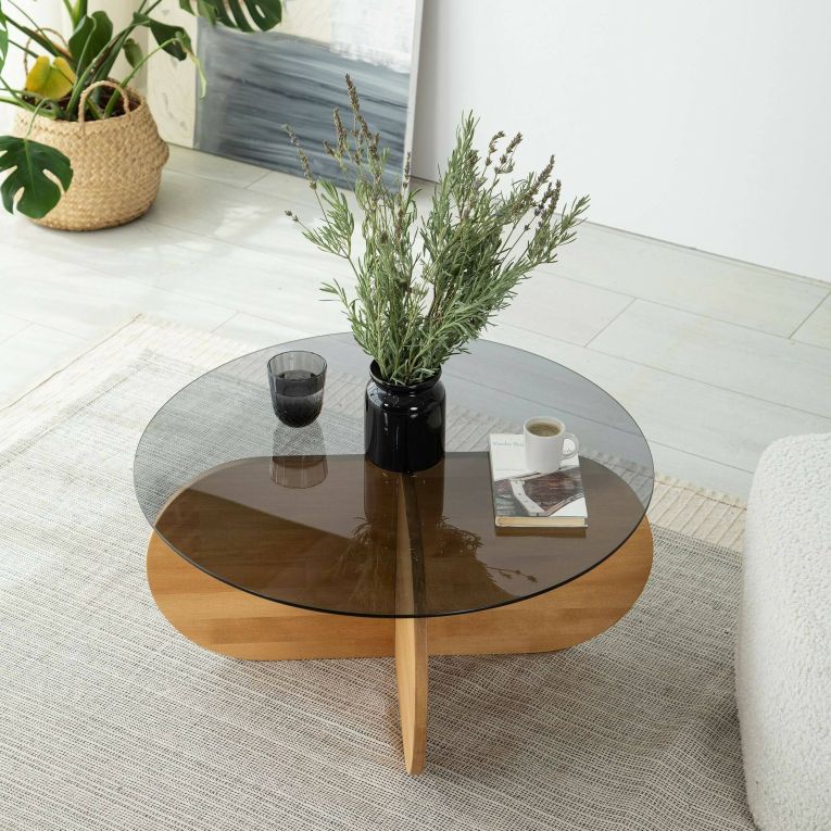 Tavolino da Salotto Marrone Rovere Portariviste Forma Rotonda 75x75x35h cm, Materiale Struttura in Vetro - Bagolino