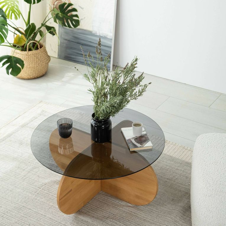 Tavolino da Salotto Marrone Rovere Portariviste Forma Rotonda 75x75x35h cm, Materiale Struttura in Vetro - Bagolino