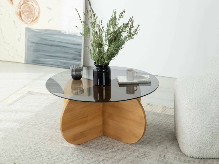 Tavolino da Salotto Marrone Rovere Portariviste Forma Rotonda 75x75x35h cm, Materiale Struttura in Vetro - Bagolino