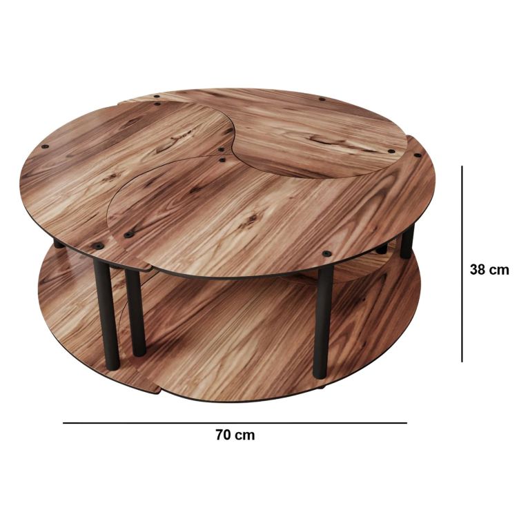Tavolino da Salotto Marrone Rovere Scuro Nero set 3 Pezzi 3 Vani 70x70x38h cm, Forma Rotondo - Gignese