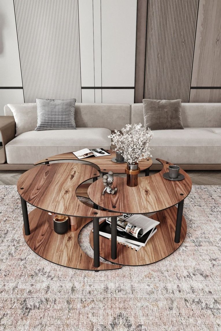 Tavolino da Salotto Marrone Rovere Scuro Nero set 3 Pezzi 3 Vani 70x70x38h cm, Forma Rotondo - Gignese