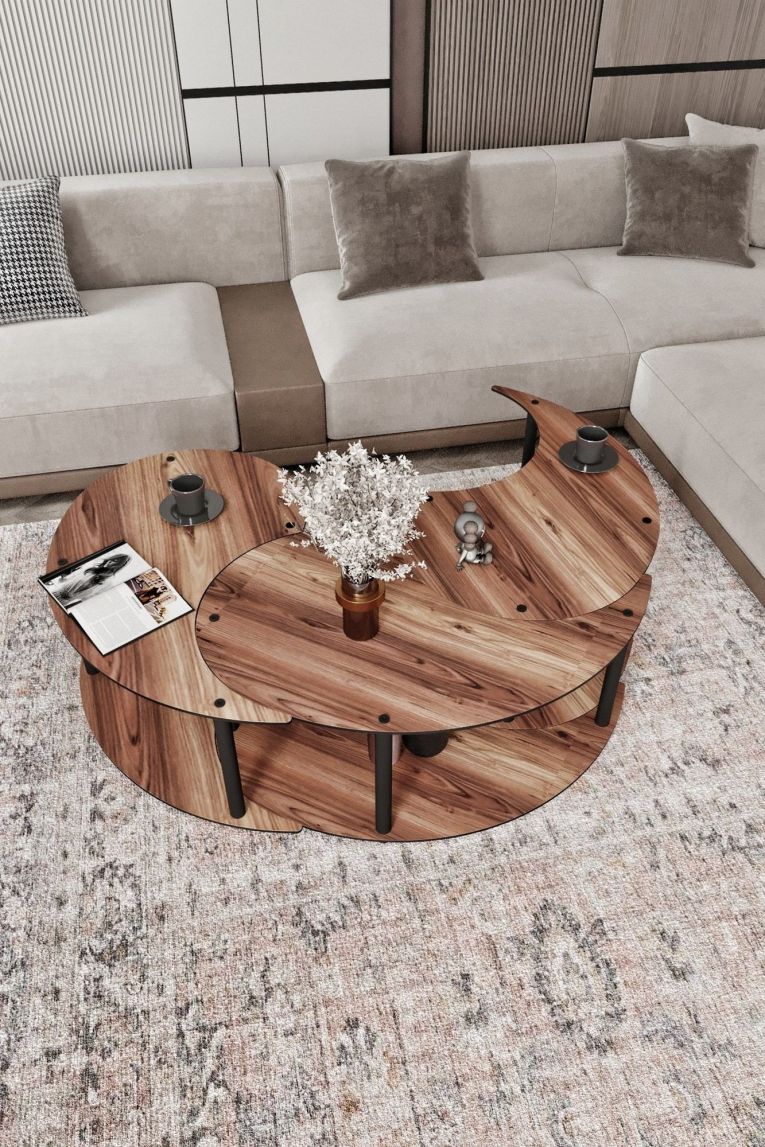 Tavolino da Salotto Marrone Rovere Scuro Nero set 3 Pezzi 3 Vani 70x70x38h cm, Forma Rotondo - Gignese