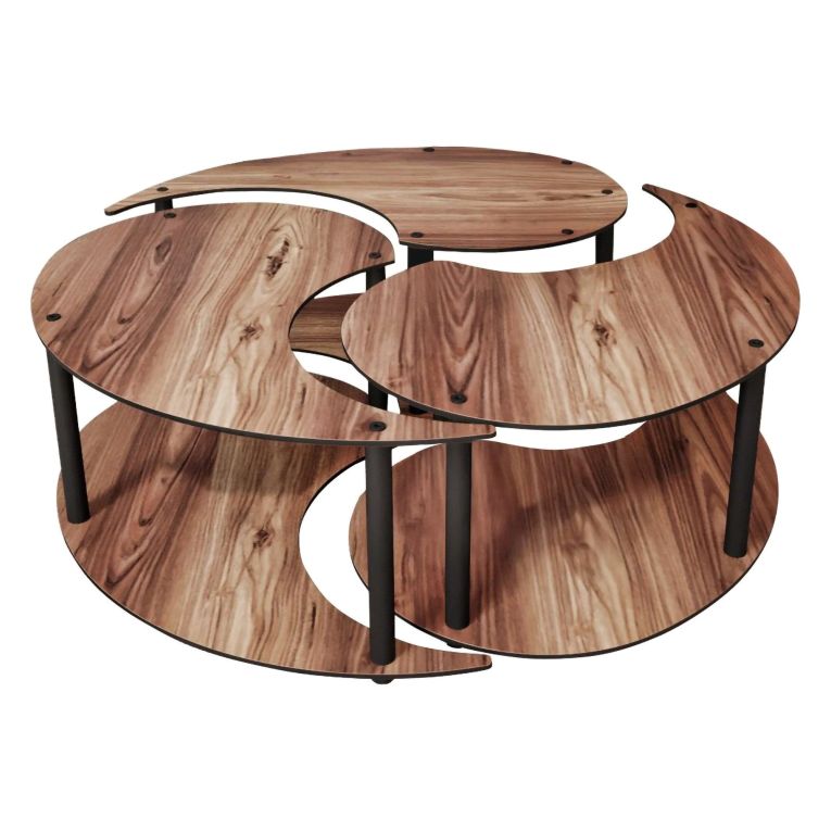 Tavolino da Salotto Marrone Rovere Scuro Nero set 3 Pezzi 3 Vani 70x70x38h cm, Forma Rotondo - Gignese