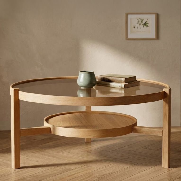 Tavolino da Salotto Marrone Rovere un Vano Piano in Vetro Temperato 100x100x48h cm, Forma Rotondo - Olzai