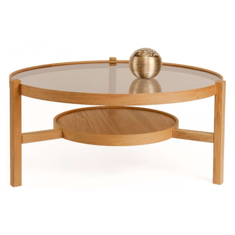 Tavolino da Salotto Marrone Rovere un Vano Piano in Vetro Temperato 100x100x48h cm, Forma Rotondo - Olzai
