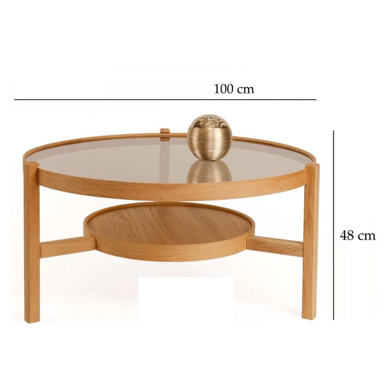Tavolino da Salotto Marrone Rovere un Vano Piano in Vetro Temperato 100x100x48h cm, Forma Rotondo - Olzai