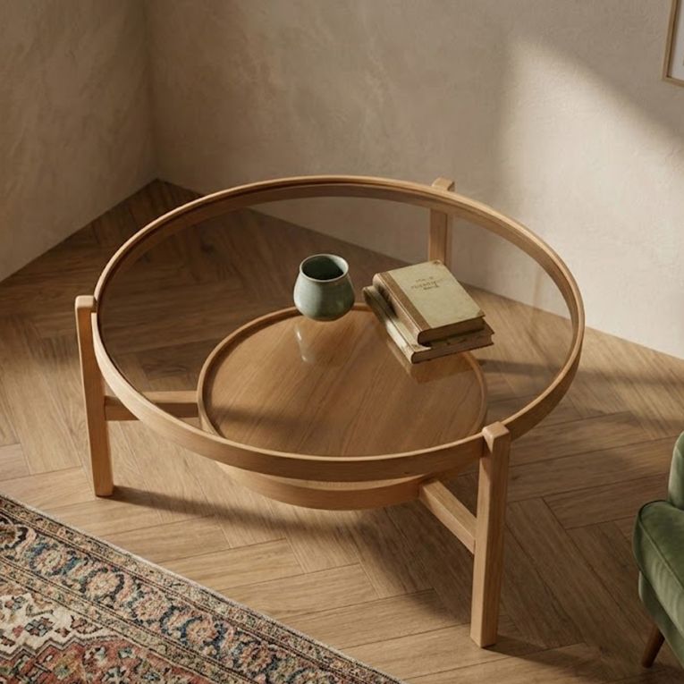 Tavolino da Salotto Marrone Rovere un Vano Piano in Vetro Temperato 100x100x48h cm, Forma Rotondo - Olzai