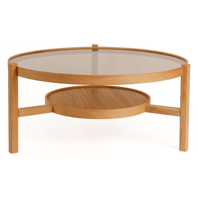 Tavolino da Salotto Marrone Rovere un Vano Piano in Vetro Temperato 100x100x48h cm, Forma Rotondo - Olzai