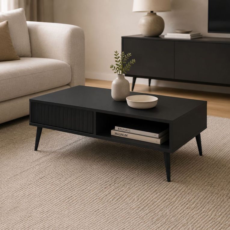 Tavolino da Salotto Nero 2 Cassetti con Piedini Effetto Rigato 102x67x35h cm, un Vano - Lipa