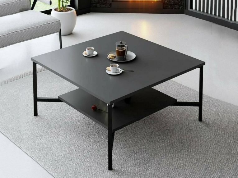 Tavolino da Salotto Nero Antracite Nero Piedini Neri un Vano 80x80x40h cm, Forma Quadrata - Mia