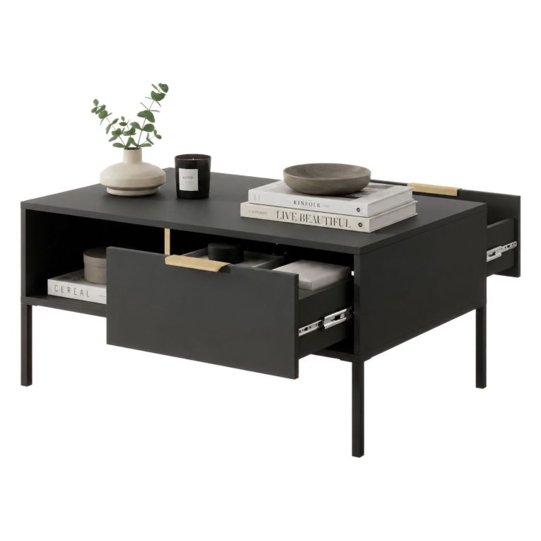 Tavolino da Salotto Nero Antracite oro 2 Cassetti con Piedini 97x60x44h cm, un Vano - Karo