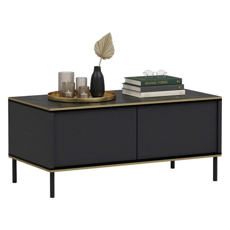 Tavolino da Salotto Nero Antracite oro con Piedini un Vano 90x45x40h cm, Piano Sollevabile - Zerbolo