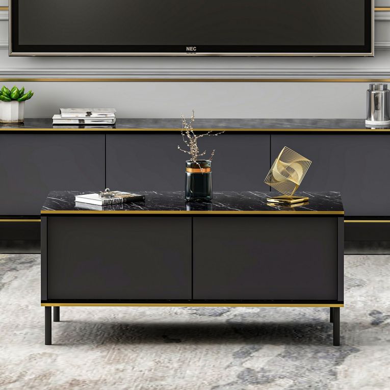 Tavolino da Salotto Nero Antracite oro con Piedini un Vano 90x45x40h cm, Piano Sollevabile - Zerbolo