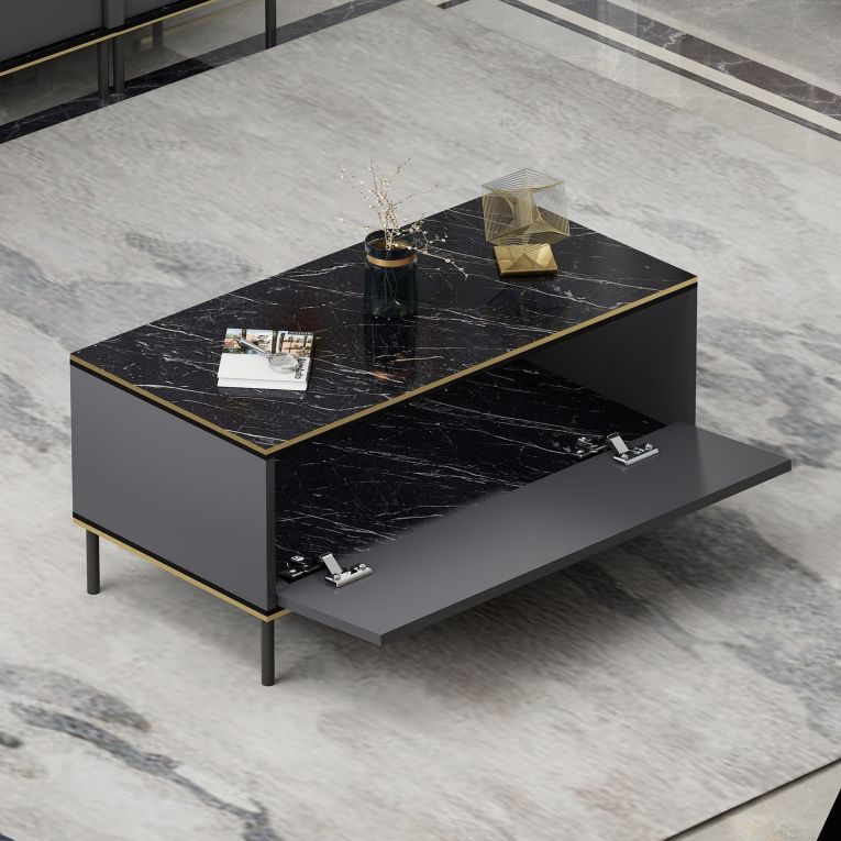 Tavolino da Salotto Nero Antracite oro con Piedini un Vano 90x45x40h cm, Piano Sollevabile - Zerbolo