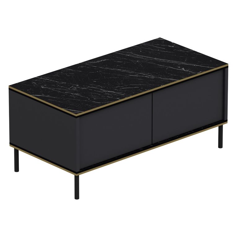 Tavolino da Salotto Nero Antracite oro con Piedini un Vano 90x45x40h cm, Piano Sollevabile - Zerbolo