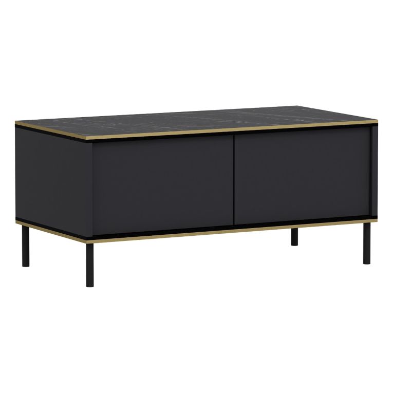 Tavolino da Salotto Nero Antracite oro con Piedini un Vano 90x45x40h cm, Piano Sollevabile - Zerbolo