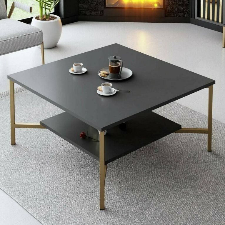 Tavolino da Salotto Nero Antracite oro Piedini oro un Vano 80x80x40h cm, Forma Quadrata - Mia