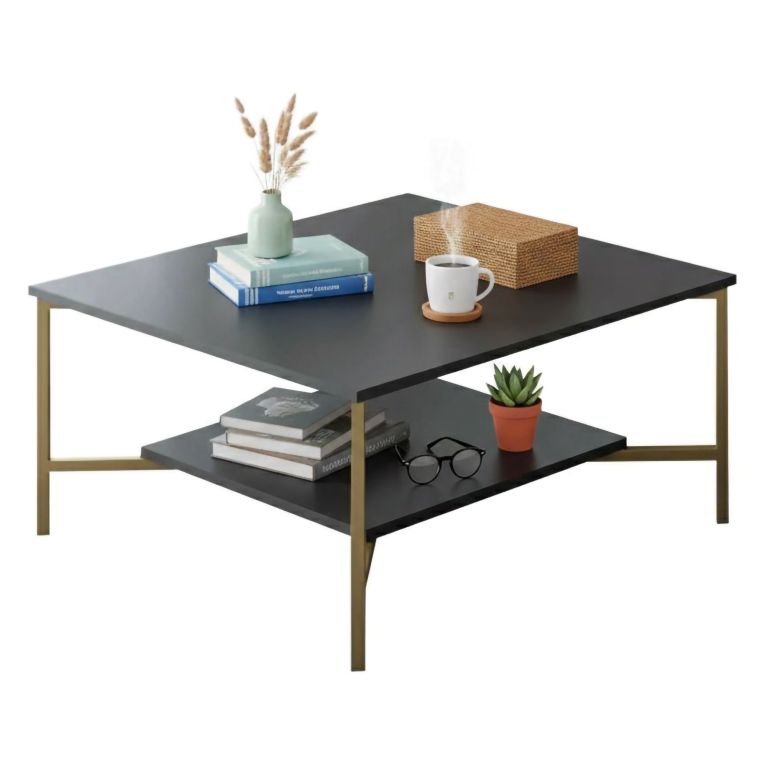 Tavolino da Salotto Nero Antracite oro Piedini oro un Vano 80x80x40h cm, Forma Quadrata - Mia