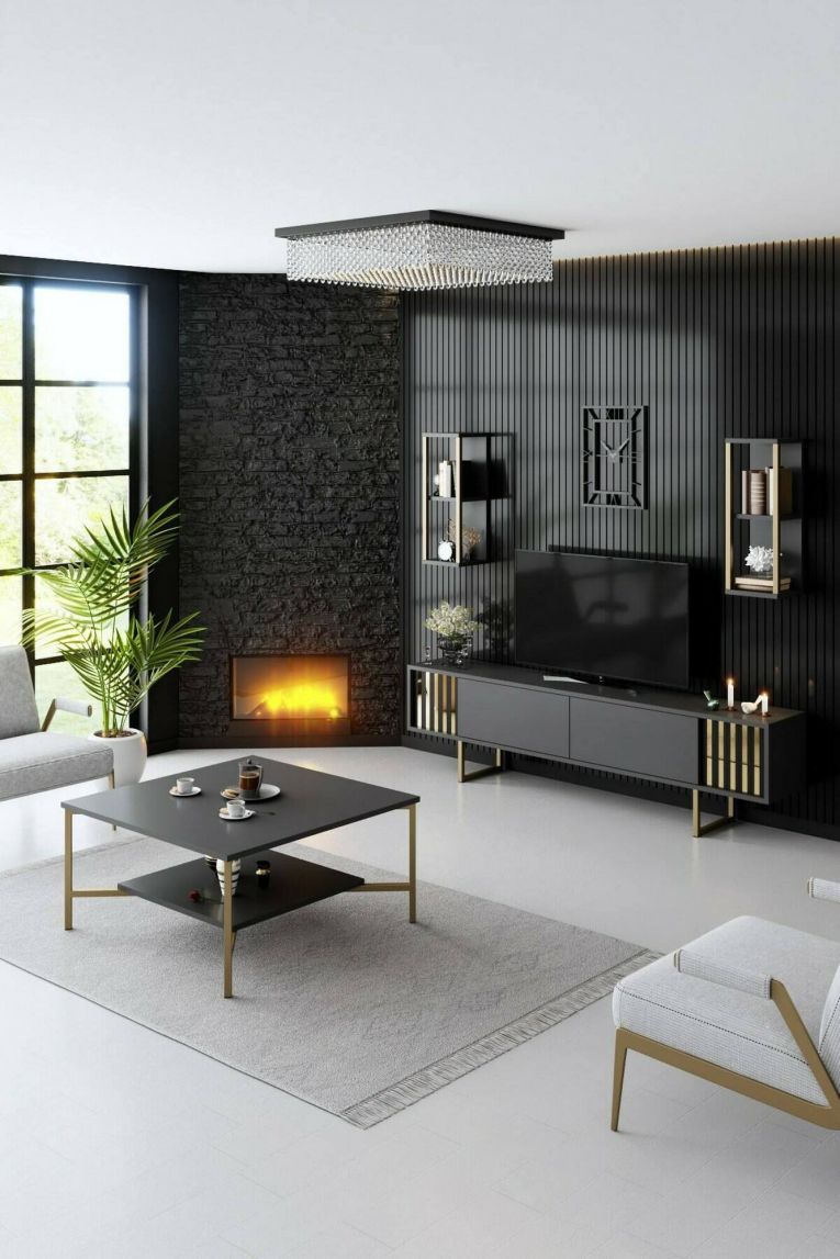 Tavolino da Salotto Nero Antracite oro Piedini oro un Vano 80x80x40h cm, Forma Quadrata - Mia
