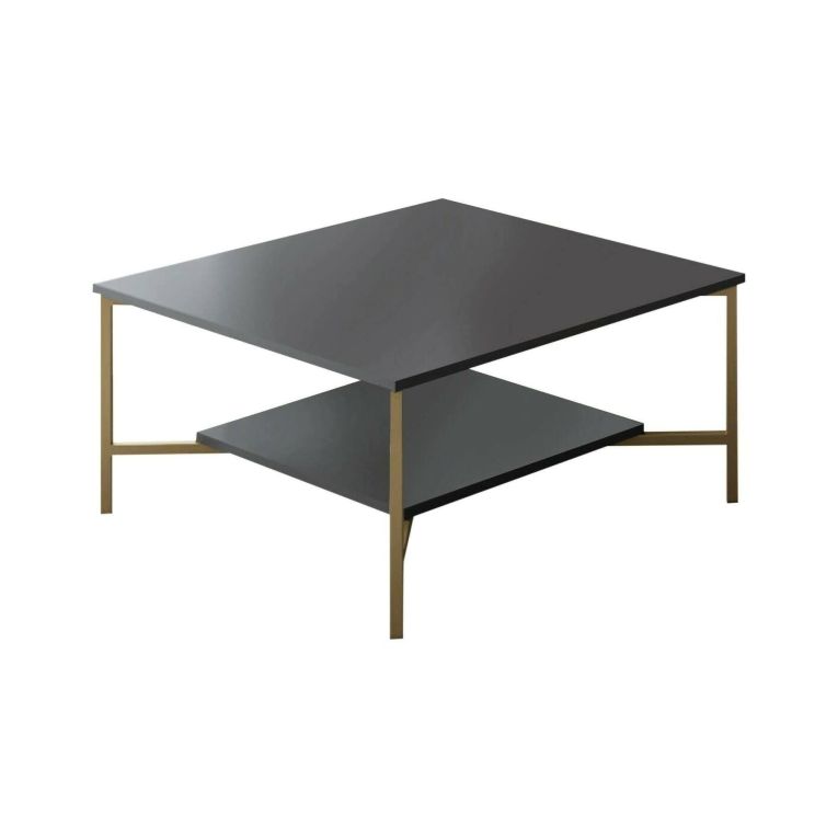 Tavolino da Salotto Nero Antracite oro Piedini oro un Vano 80x80x40h cm, Forma Quadrata - Mia