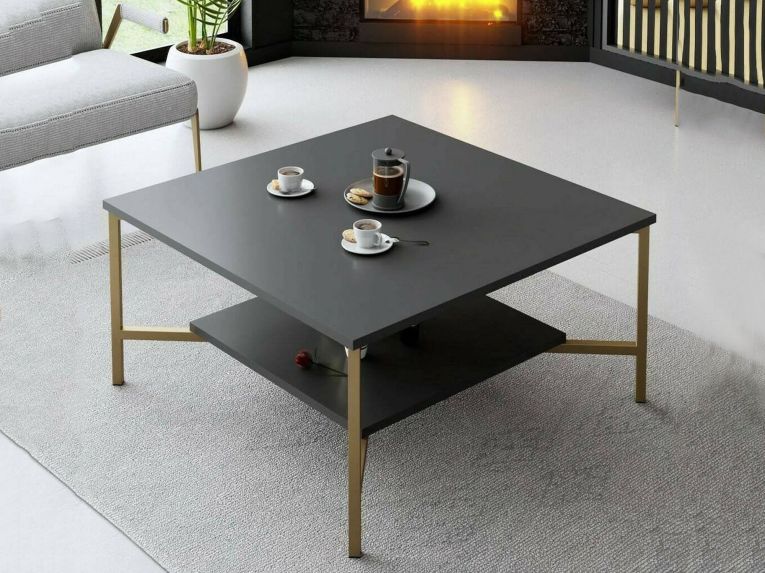 Tavolino da Salotto Nero Antracite oro Piedini oro un Vano 80x80x40h cm, Forma Quadrata - Mia