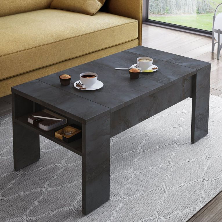 Tavolino da Salotto Nero Antracite un Vano Forma Rettangolare 98x50x43h cm, Piano Sollevabile - Corallo