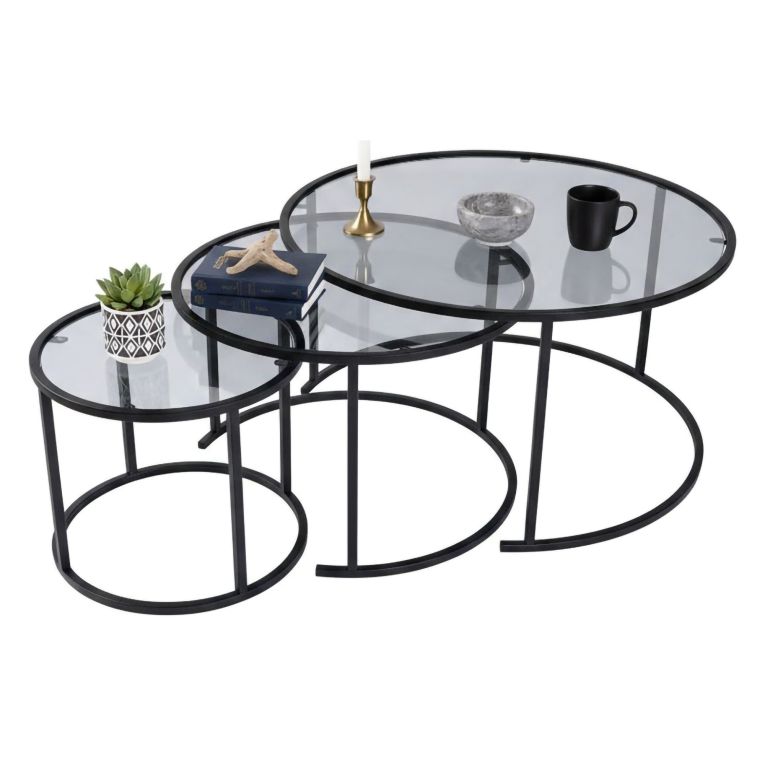 Tavolino da Salotto Nero Forma Circolare Materiale Piano in Vetro 80x80x43h cm, Colore Ripiano Trasparente - Rowan