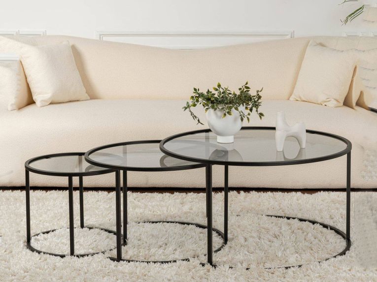 Tavolino da Salotto Nero Forma Circolare Materiale Piano in Vetro 80x80x43h cm, Colore Ripiano Trasparente - Rowan