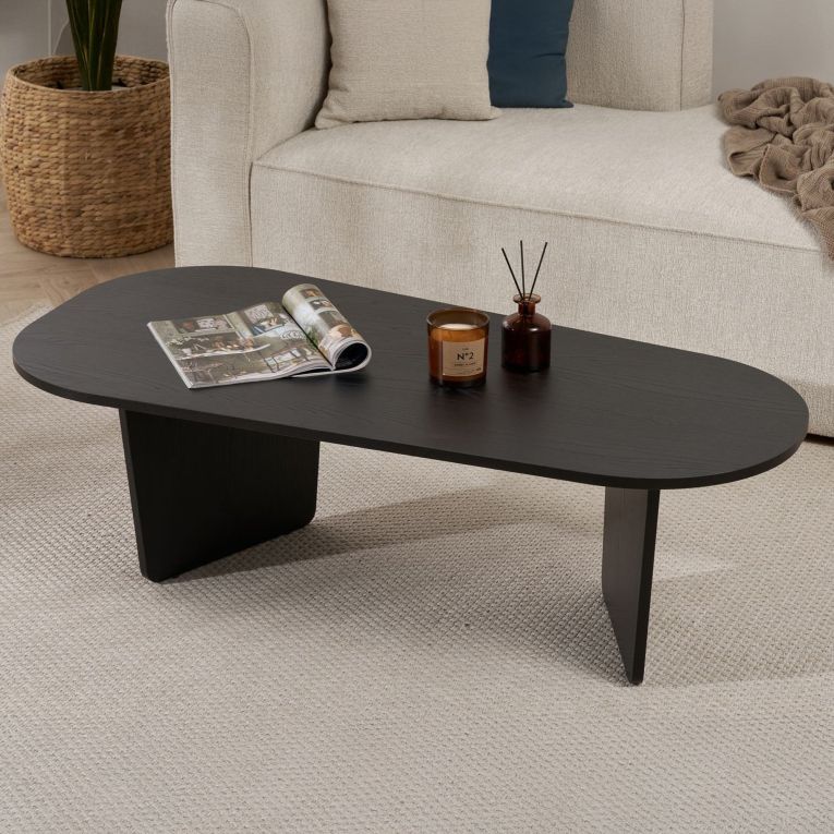 Tavolino da Salotto Nero Forma Ovale Materiale Piano in Legno Nobilitato 130x65x40h cm, Colore Ripiano Nero - Dozza