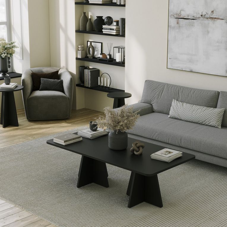 Tavolino da Salotto Nero Forma Rettangolare Materiale Piano in Legno Nobilitato 120x60x40h cm, Colore Ripiano Nero - Ottana