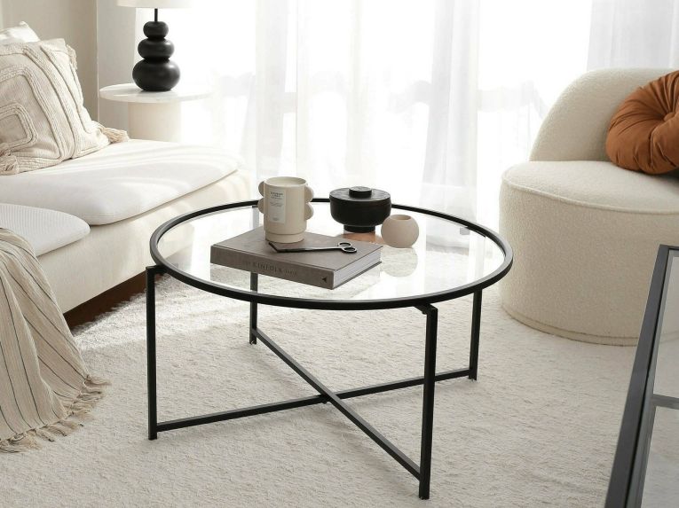 Tavolino da Salotto Nero Forma Rettangolare Materiale Piano in Vetro 83x82x40h cm, Colore Ripiano Trasparente - Ecaterina