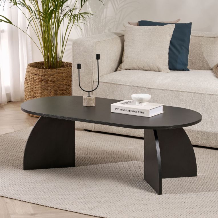 Tavolino da Salotto Nero Frassinato Forma Ovale Materiale Piano in Legno Nobilitato 120x60x40h cm, Colore Ripiano Nero - Nohaza