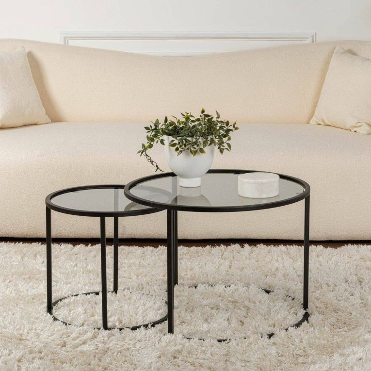 Tavolino da Salotto Nero Grigio set di 2 Tavolini Forma Rotondo 60x60x43h cm, Colore Struttura Grigio - Xaden