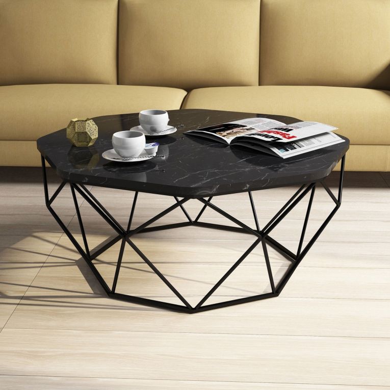Tavolino da Salotto Nero Nero Marmo Forma Ottagonale Materiale Piano in Legno Nobilitato 90x90x38h cm, Colore Ripiano Nero - Coazzolo