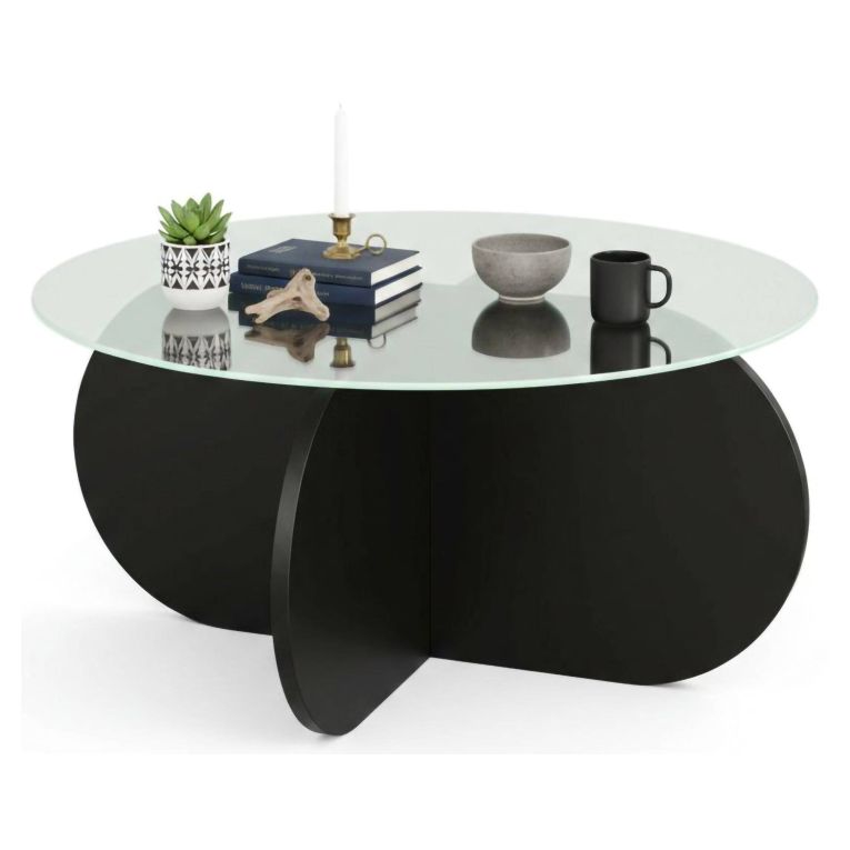 Tavolino da Salotto Nero Portariviste Forma Rotonda 75x75x35h cm, Materiale Piano in Vetro - Nila