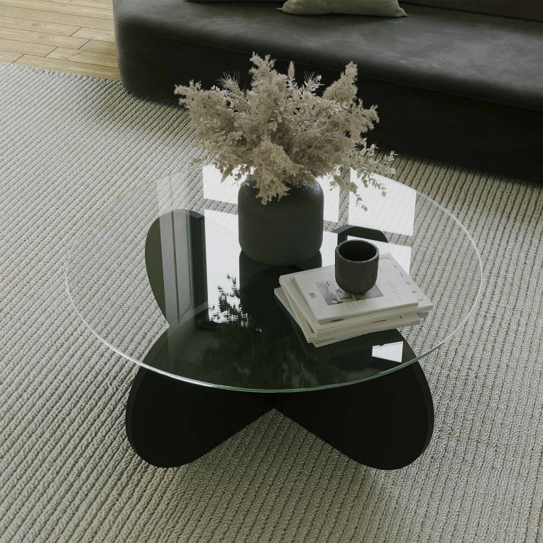 Tavolino da Salotto Nero Portariviste Forma Rotonda 75x75x35h cm, Materiale Piano in Vetro - Nila
