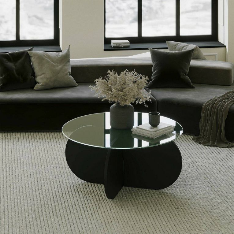 Tavolino da Salotto Nero Portariviste Forma Rotonda 75x75x35h cm, Materiale Piano in Vetro - Nila