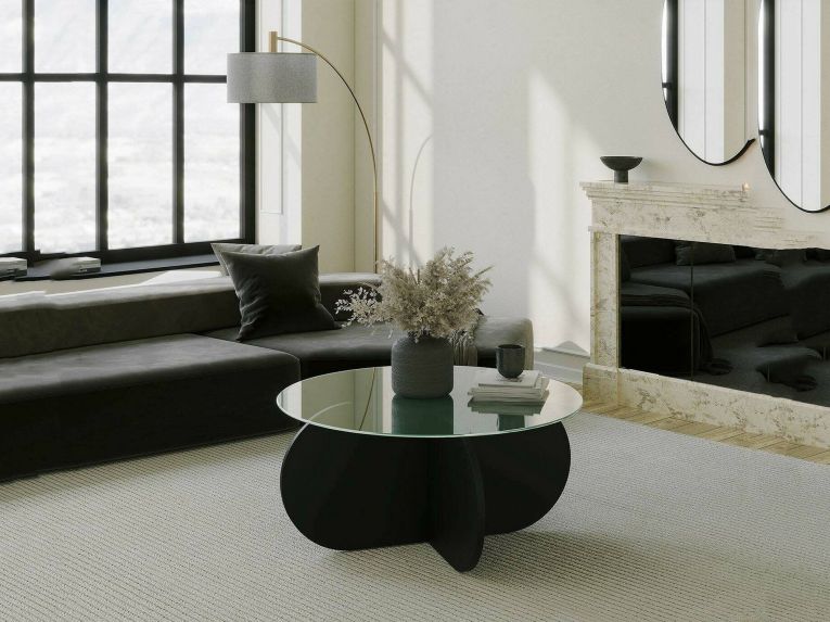 Tavolino da Salotto Nero Portariviste Forma Rotonda 75x75x35h cm, Materiale Piano in Vetro - Nila