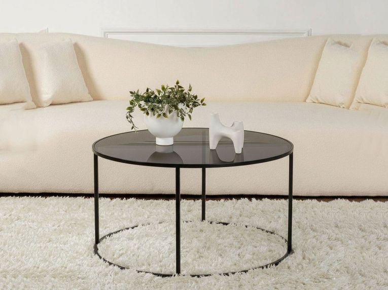 Tavolino da Salotto Nero Portariviste Forma Rotonda 80x80x43h cm, Sfumatura Colore Ripiano Fume - Geralt