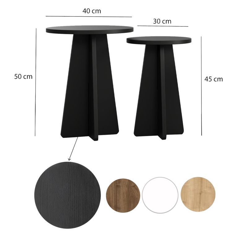 Tavolino da Salotto Nero set 2 Pezzi Forma Rotondo 40x40x50h cm, Materiale Piano in Legno Nobilitato - Dorina