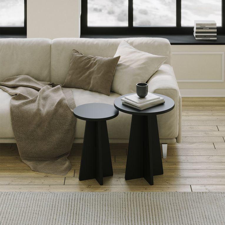 Tavolino da Salotto Nero set 2 Pezzi Forma Rotondo 40x40x50h cm, Materiale Piano in Legno Nobilitato - Dorina