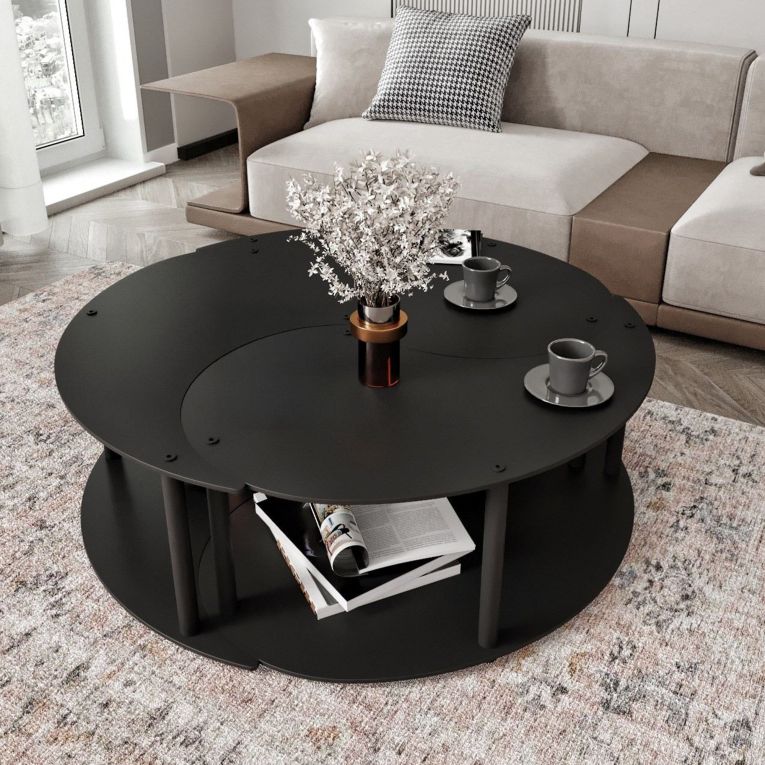 Tavolino da Salotto Nero set 3 Pezzi 3 Vani 70x70x38h cm, Forma Rotondo - Gignese