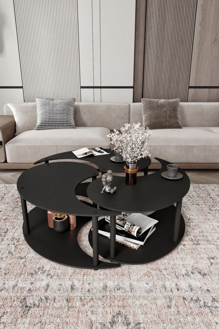 Tavolino da Salotto Nero set 3 Pezzi 3 Vani 70x70x38h cm, Forma Rotondo - Gignese