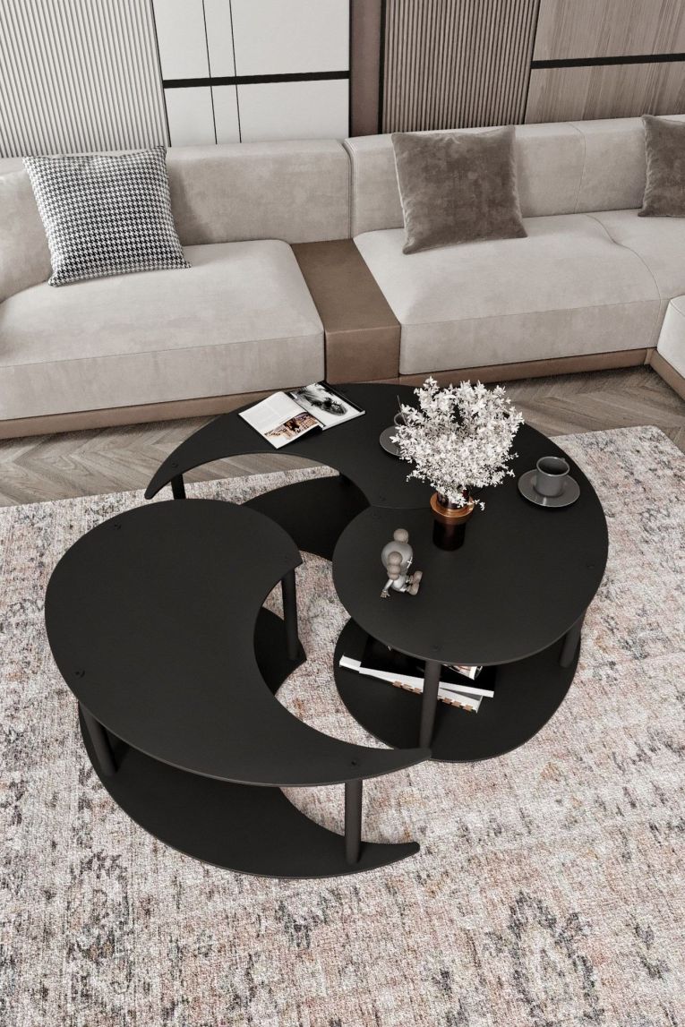 Tavolino da Salotto Nero set 3 Pezzi 3 Vani 70x70x38h cm, Forma Rotondo - Gignese